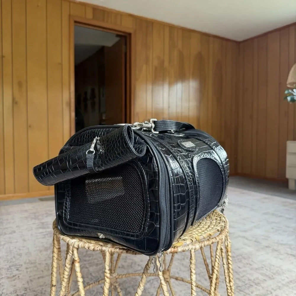 Chrome Bones Pet Carrier In Black Alligator Leather Travel Bag Small Dogs